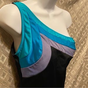 Vintage 80’s 90’s Single Shoulder 12 Colorblock Bathing Swim Suit One Piece Vtg